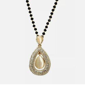 Large White Cat Eye Stone Pendant Necklace w/ Clear Crystals, blacl glass beads